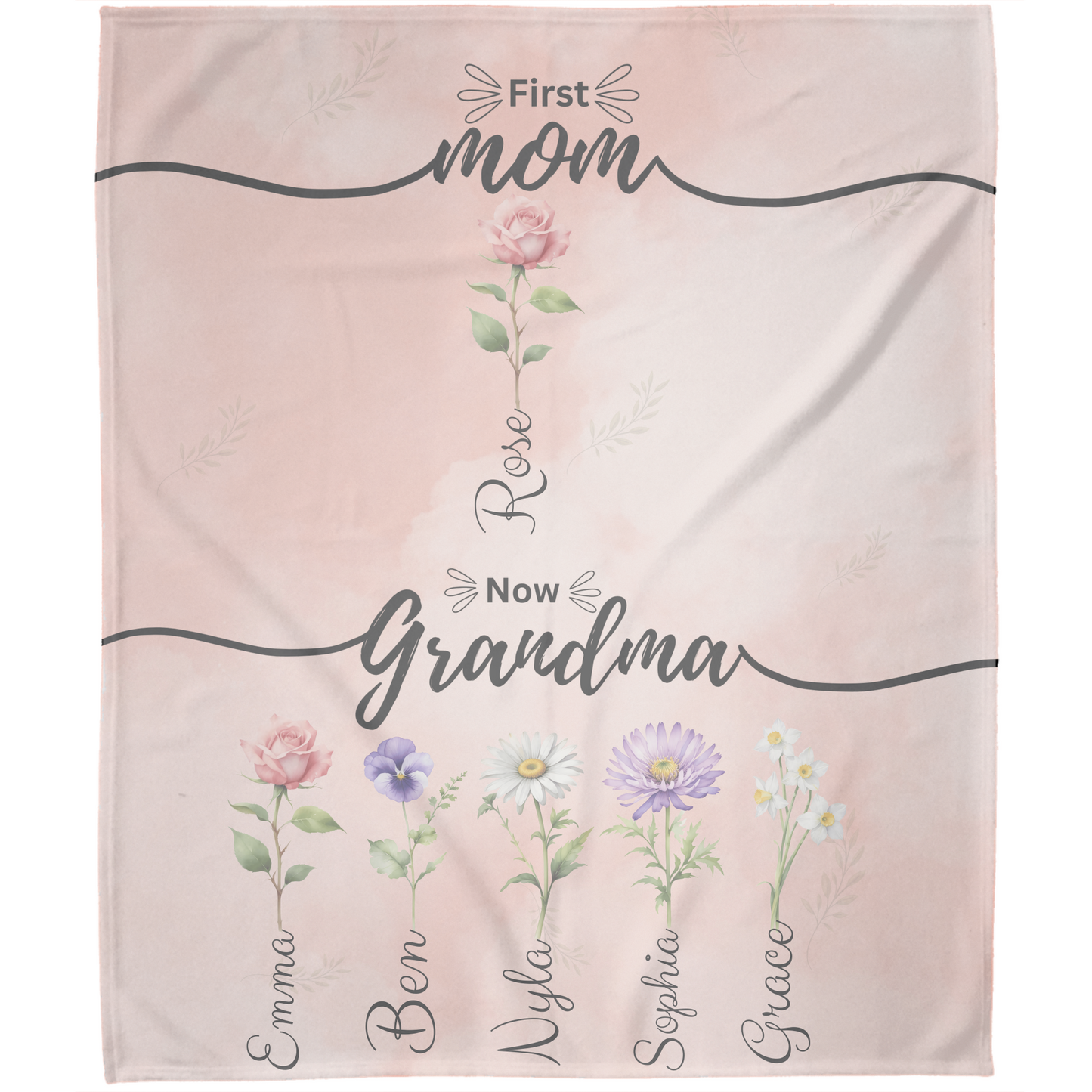 Personalized First Mom Now Grandma Birth Flower Fleece Blanket with Kid Names