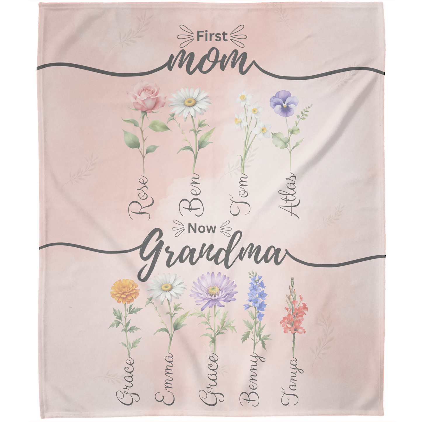 Personalized First Mom Now Grandma Birth Flower Fleece Blanket with Kid Names
