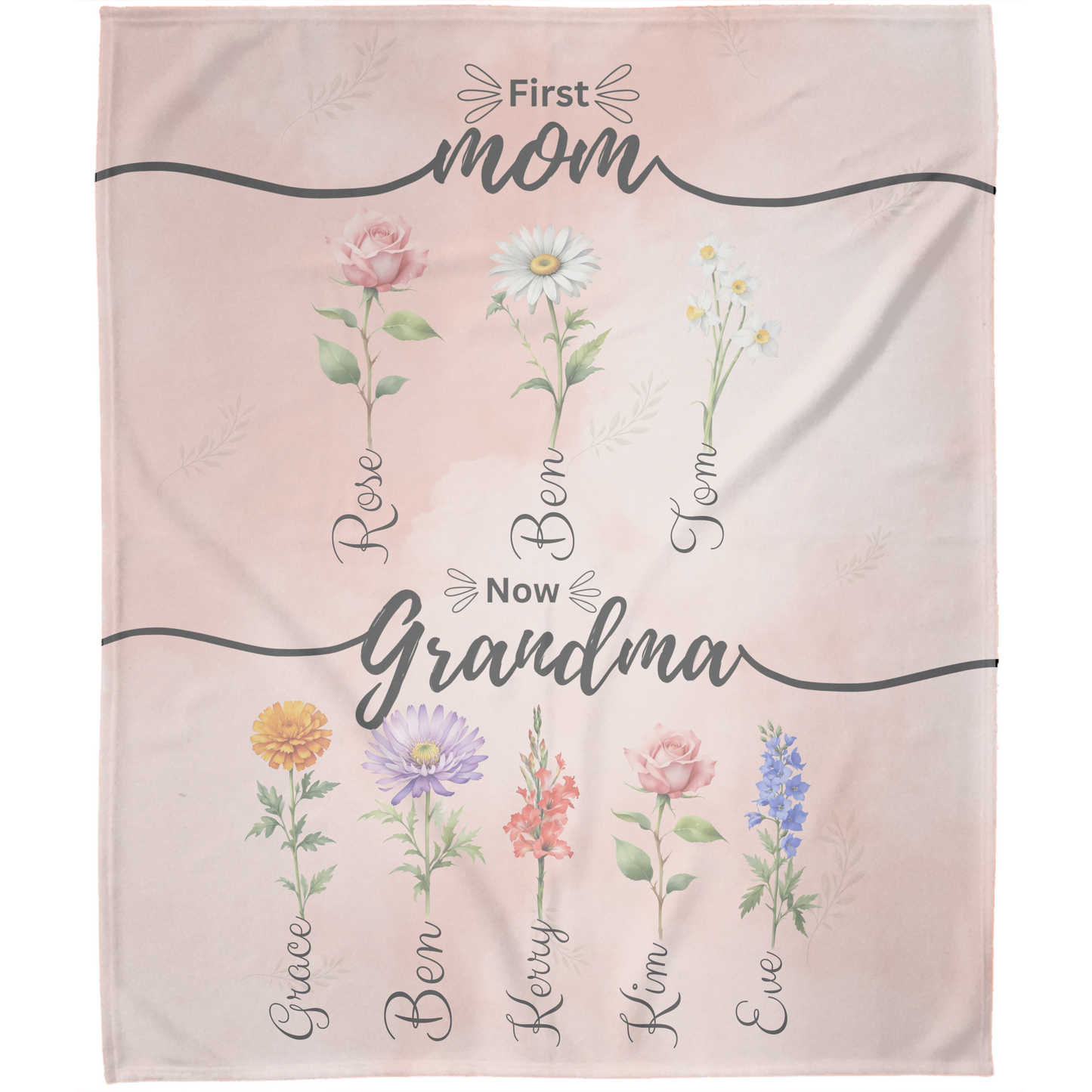Personalized First Mom Now Grandma Birth Flower Fleece Blanket with Kid Names