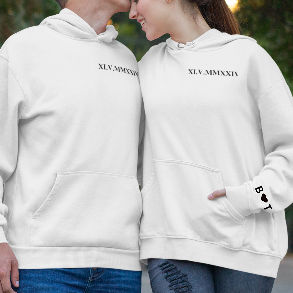 Personalized Roman Numeral Hoodie, couples initials on Sleeve - Engagements, Anniversary gift