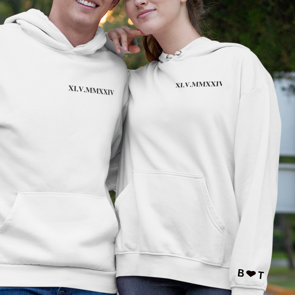 Personalized Roman Numeral Hoodie, couples initials on Sleeve - Engagements, Anniversary gift