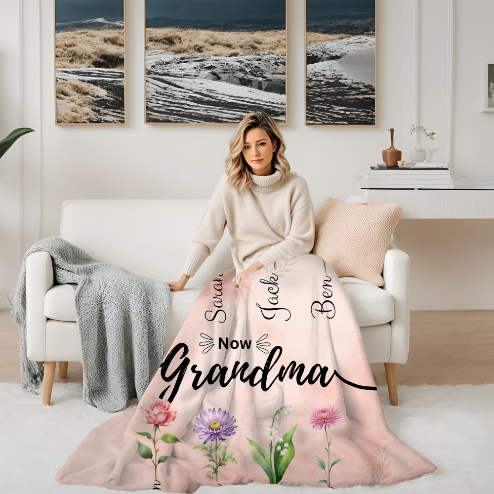 Personalized First Mom Now Grandma Birth Flower Fleece Blanket with Kid Names
