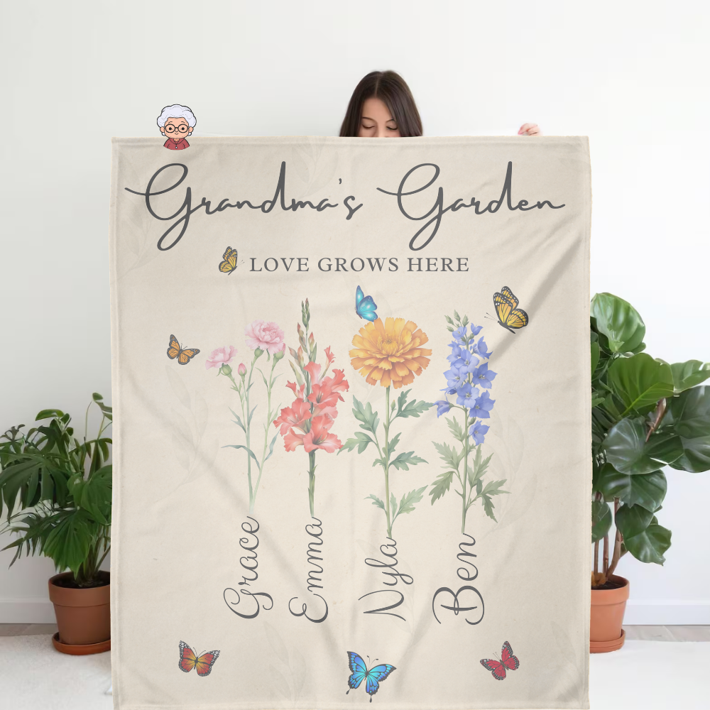 Personalized Grandma Birth Flower Blanket with grandkid's Names