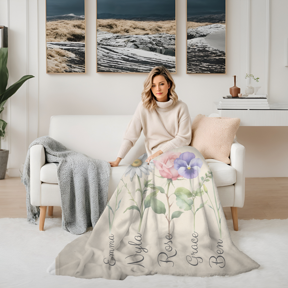 Personalized Grandma Birth Flower Blanket with grandkid's Names