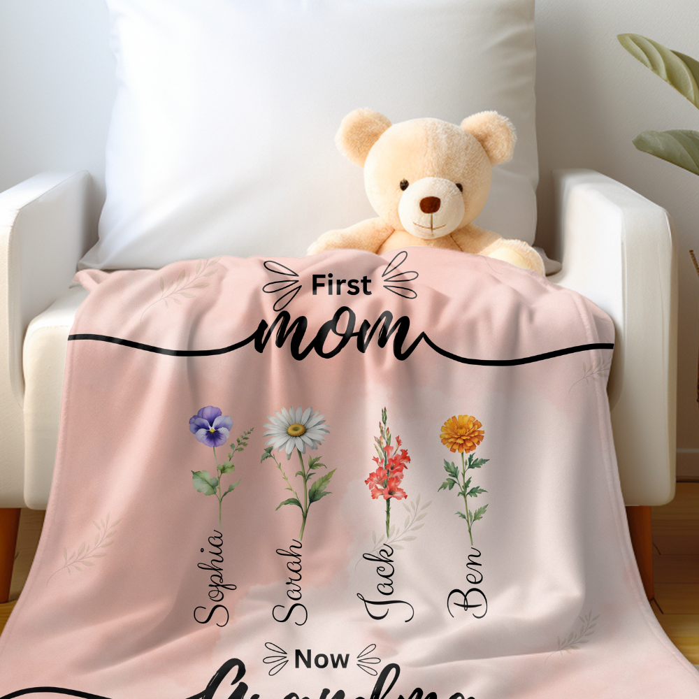 Personalized First Mom Now Grandma Birth Flower Fleece Blanket with Kid Names