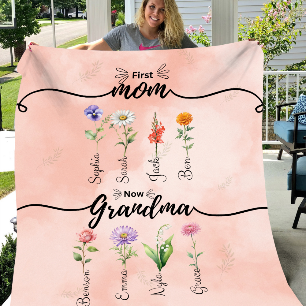 Personalized First Mom Now Grandma Birth Flower Fleece Blanket with Kid Names