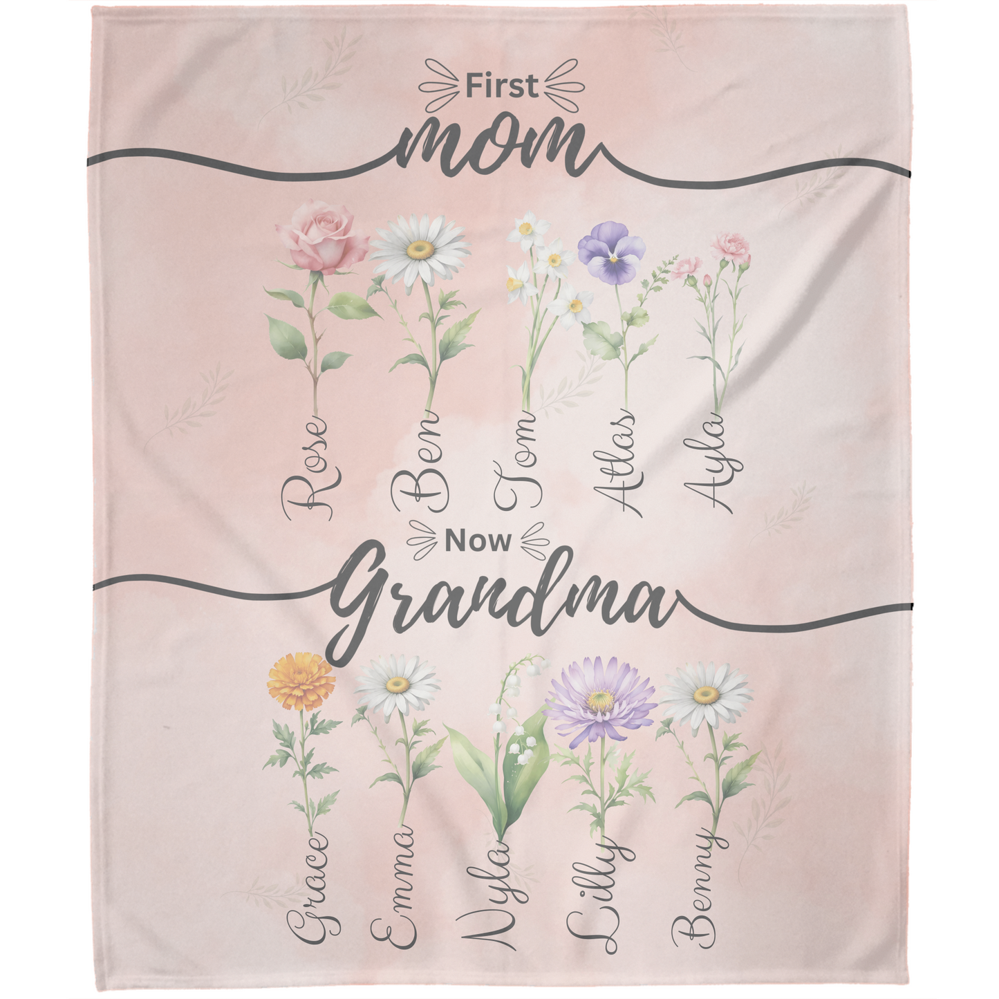 Personalized First Mom Now Grandma Birth Flower Fleece Blanket with Kid Names