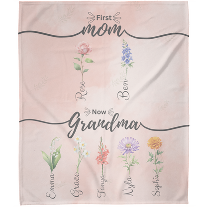 Personalized First Mom Now Grandma Birth Flower Fleece Blanket with Kid Names