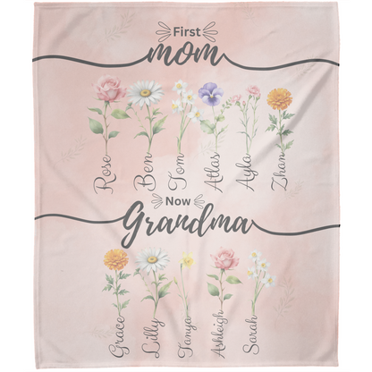 Personalized First Mom Now Grandma Birth Flower Fleece Blanket with Kid Names