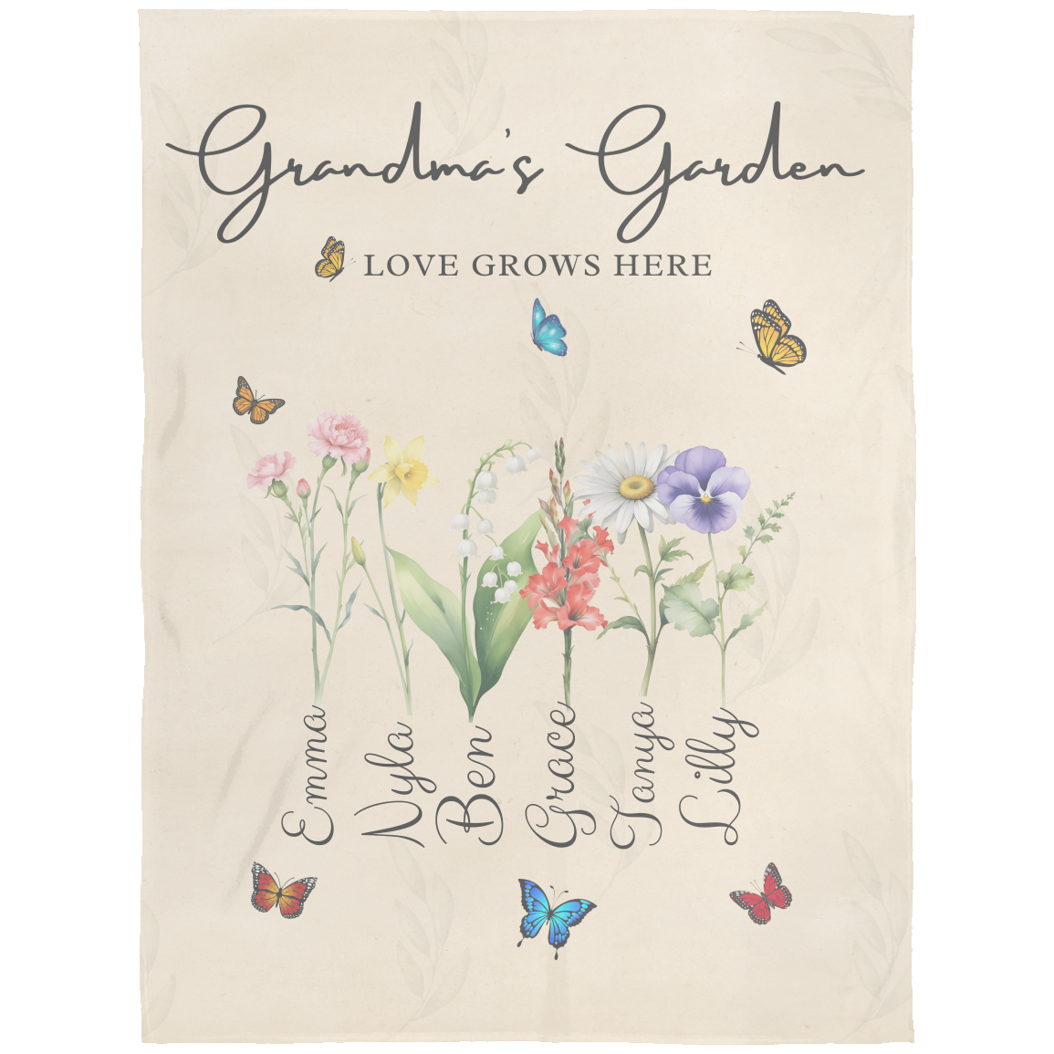 Personalized Grandma Birth Flower Blanket with grandkid's Names
