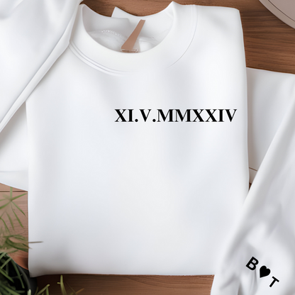 Personalized couples Roman Numeral Sweatshirt, Initials on Sleeve - Engagements, Anniversary gift