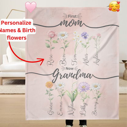 Personalized First Mom Now Grandma Birth Flower Fleece Blanket with Kid Names