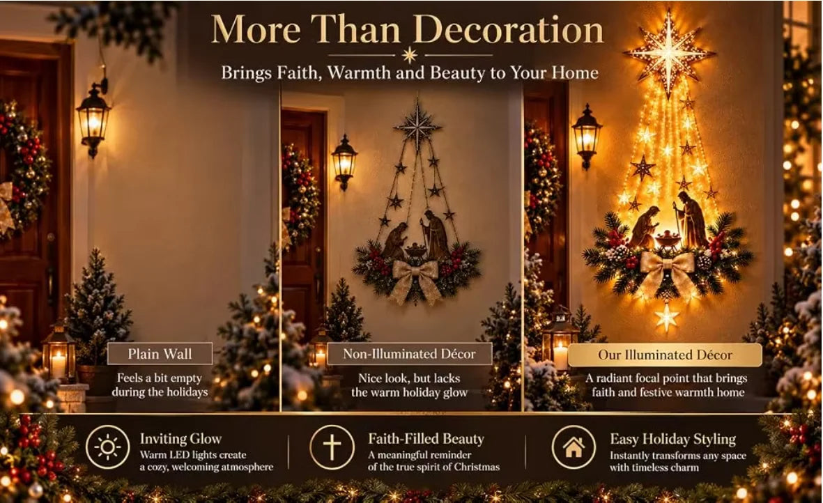 Christmas Bethlehem Star of Faith, Lighted Nativity Wall Decor,Glowing Christmas Hanging Ornament, LED Lights for Indoor