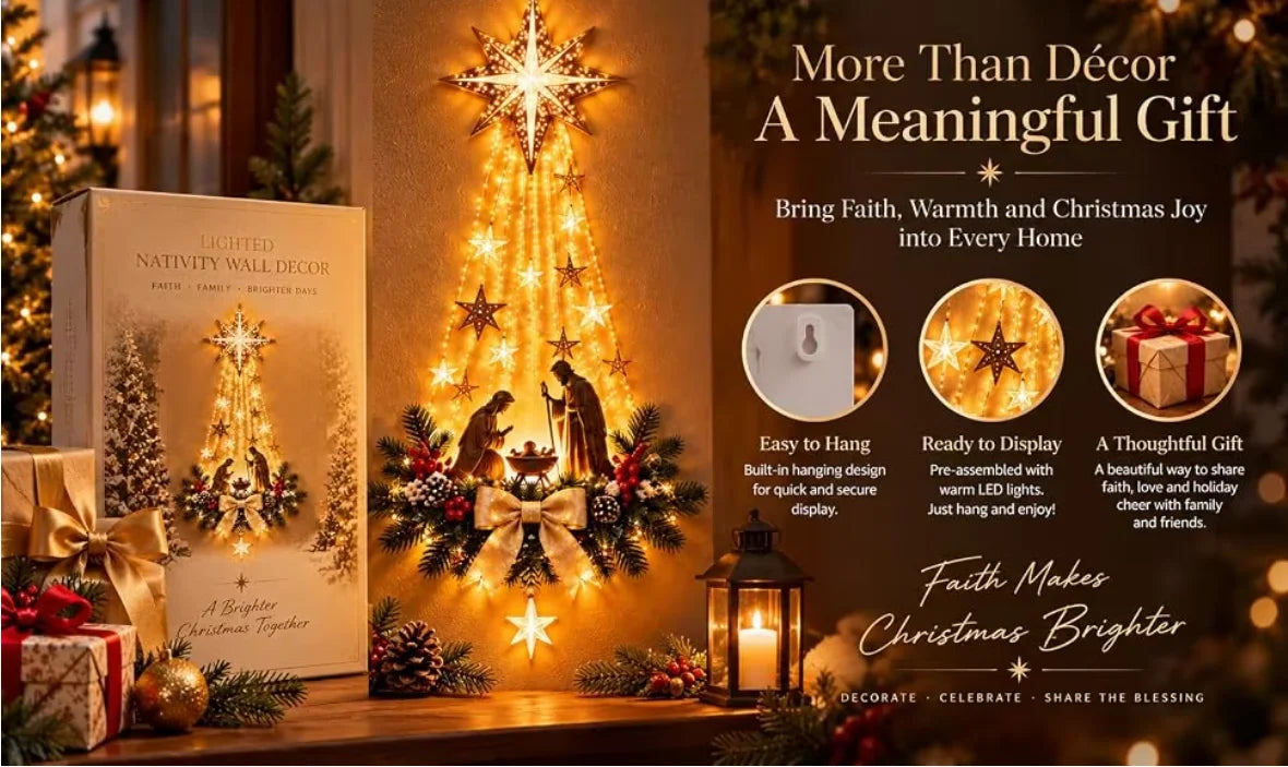 Christmas Bethlehem Star of Faith, Lighted Nativity Wall Decor,Glowing Christmas Hanging Ornament, LED Lights for Indoor