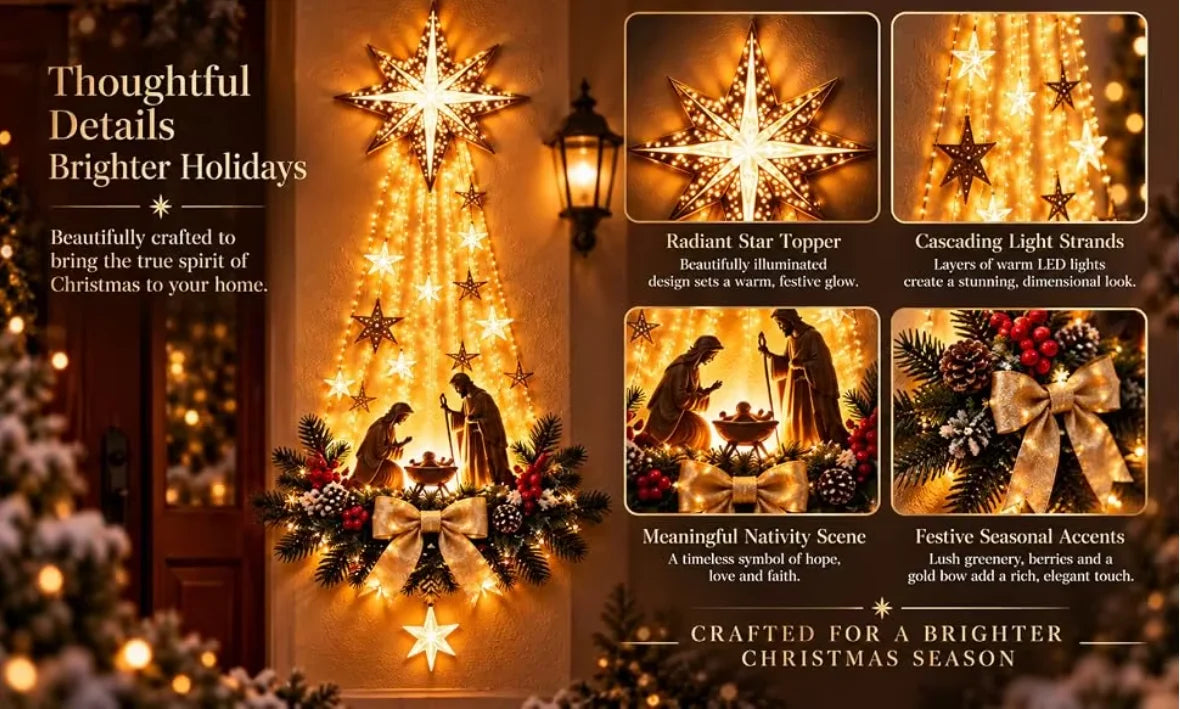 Christmas Bethlehem Star of Faith, Lighted Nativity Wall Decor,Glowing Christmas Hanging Ornament, LED Lights for Indoor