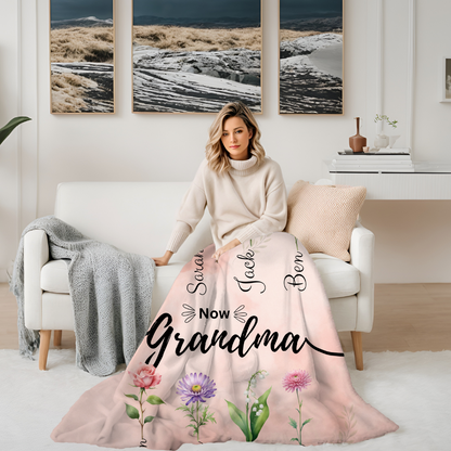 Personalized First Mom Now Grandma Birth Flower Fleece Blanket with Kid Names