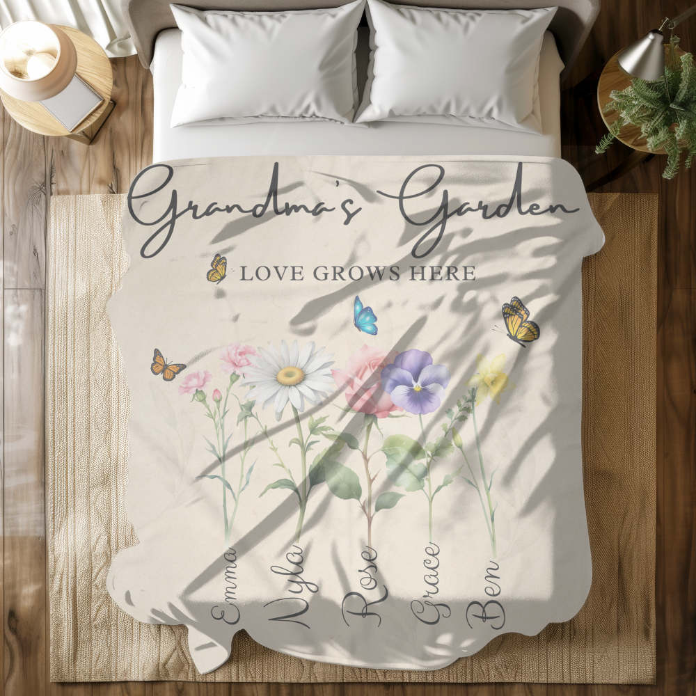 Personalized Grandma Birth Flower Blanket with grandkid's Names