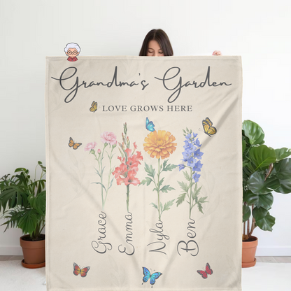 Personalized Grandma Birth Flower Blanket with grandkid's Names