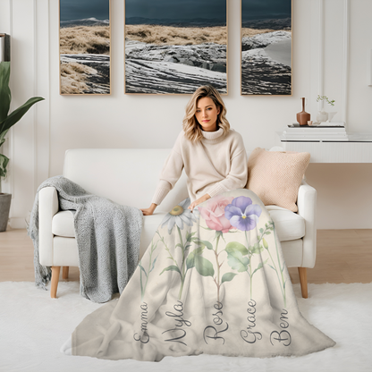 Personalized Grandma Birth Flower Blanket with grandkid's Names