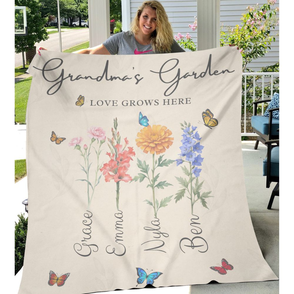 Personalized Grandma Birth Flower Blanket with grandkid's Names