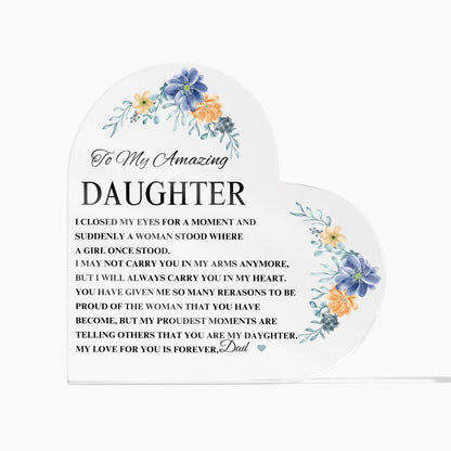 Exquisite Heart Shaped Plaque - Beautiful Floral Acrylic Desk Decoration - Perfect Gift for Daughter from Mom for Graduation, Birthday, Wedding, Christmas & New Year